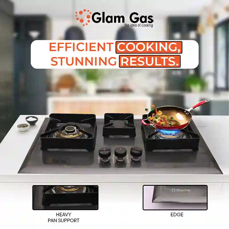 Glam Gas 3 Burner Built-in Hob – D-Cut, Blue Berry & Black Berry Tempered Glass