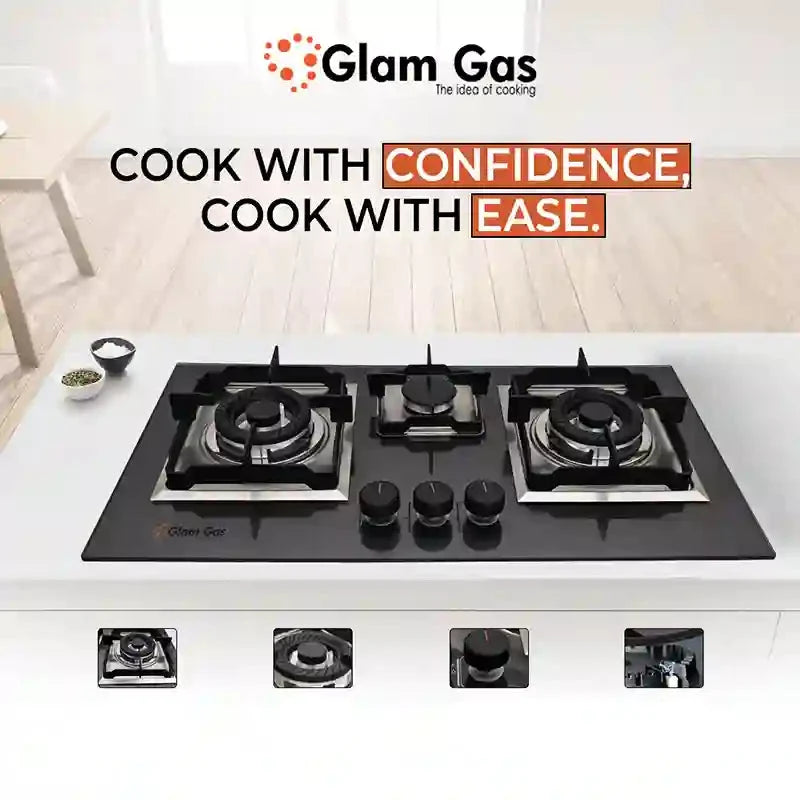 Glam Gas Digital 3 Burner Built-in Hob – Tempered Glass, Four Finishes