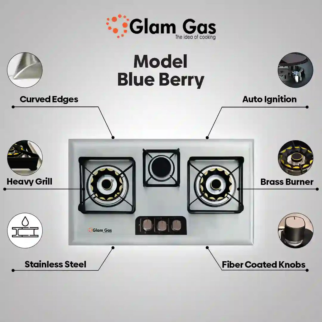 Glam Gas 3 Burner Built-in Hob – D-Cut, Blue Berry & Black Berry Tempered Glass