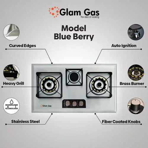 Glam Gas 3 Burner Built-in Hob – D-Cut, Blue Berry & Black Berry Tempered Glass