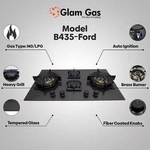 Glam Gas B435 Ford 4 Burner Built-in Hob – Tempered Glass with Auto Ignition