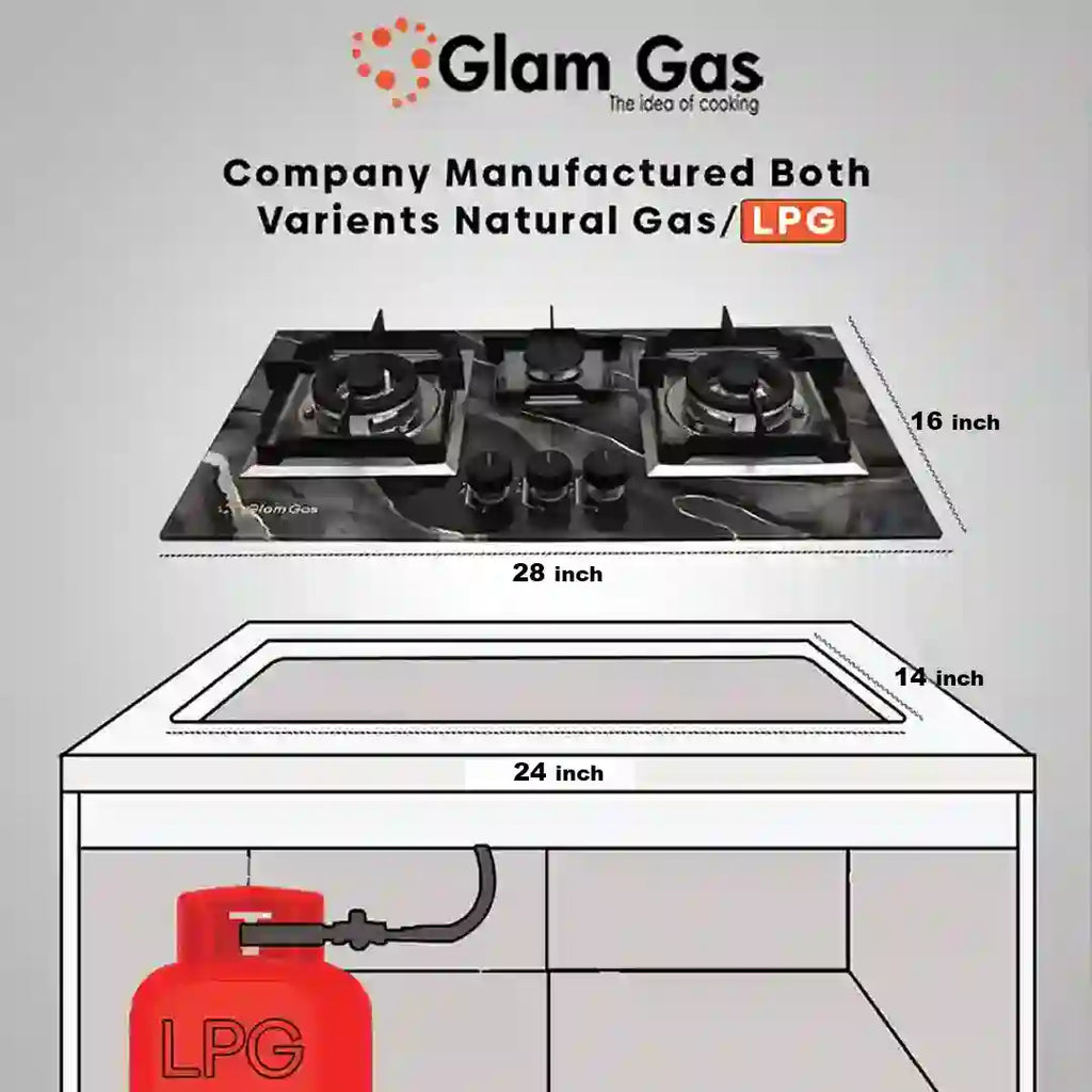 Glam Gas Digital 3 Burner Built-in Hob – Tempered Glass, Four Finishes