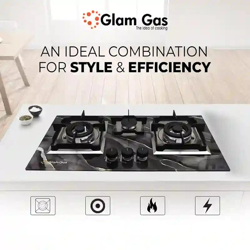 Glam Gas Digital 3 Burner Built-in Hob – Tempered Glass, Four Finishes