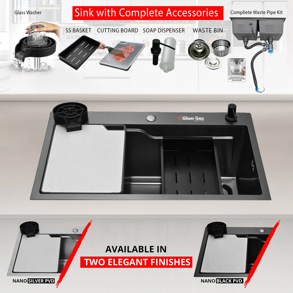 Glam Gas Nano PVD Kitchen Sink – Large Single Bowl, Textured Black or Silver