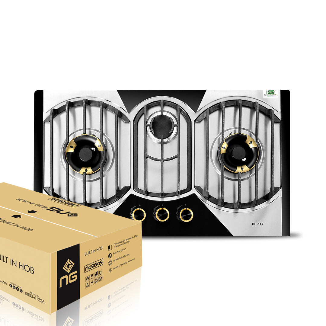 NasGas DG-147 Built-in Hob – 3 Brass Burners Stainless Steel Gas Stove with Auto Ignition