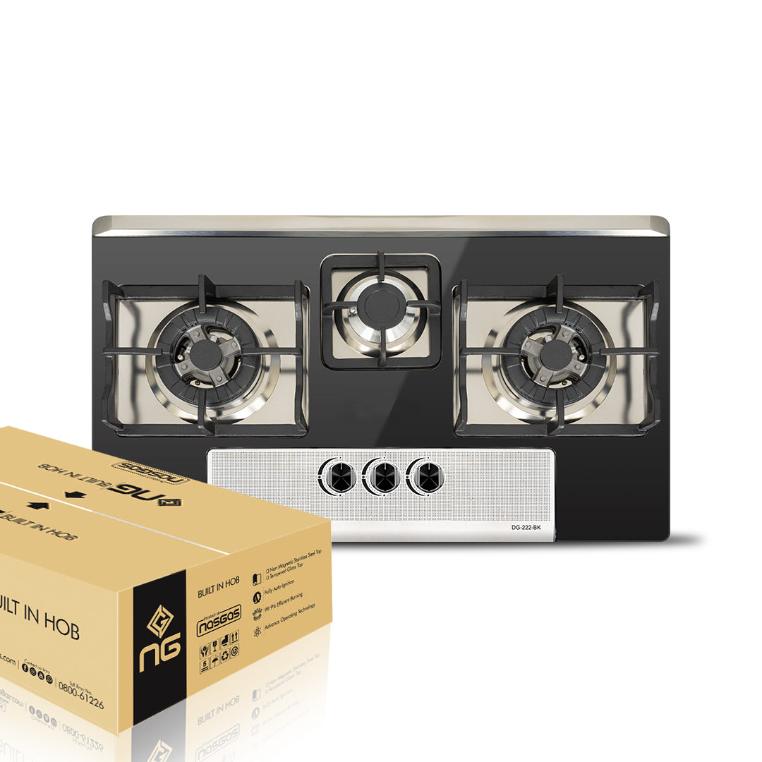 NasGas DG-222 BK Built-in Hob – 3 Burner Black & Silver Gas Stove with Laser Cut Supports