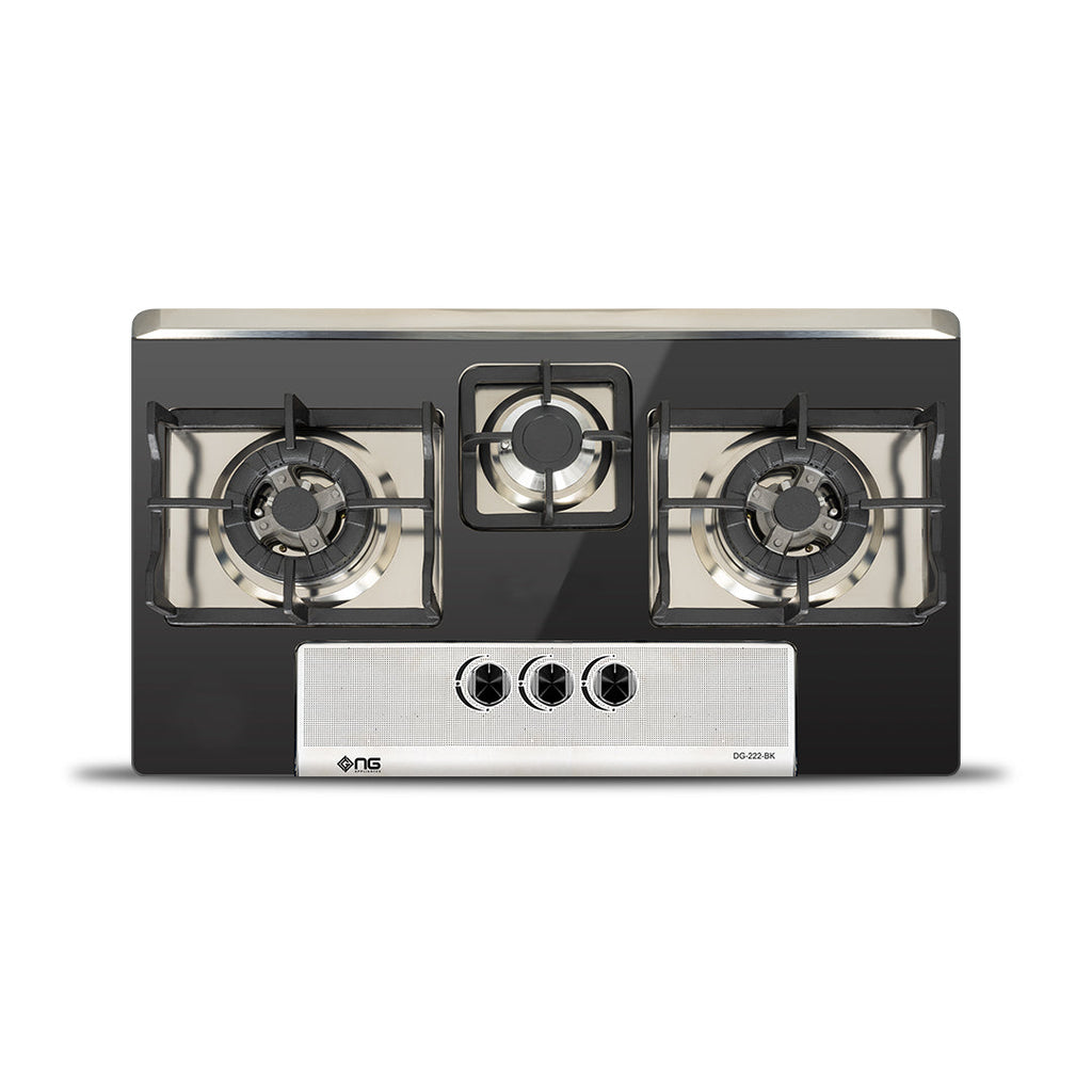 NasGas DG-222 BK Built-in Hob – 3 Burner Black & Silver Gas Stove with Laser Cut Supports