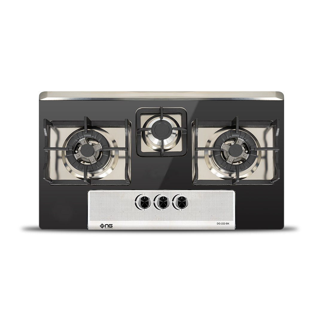 NasGas DG-222 BK Built-in Hob – 3 Burner Black & Silver Gas Stove with Laser Cut Supports