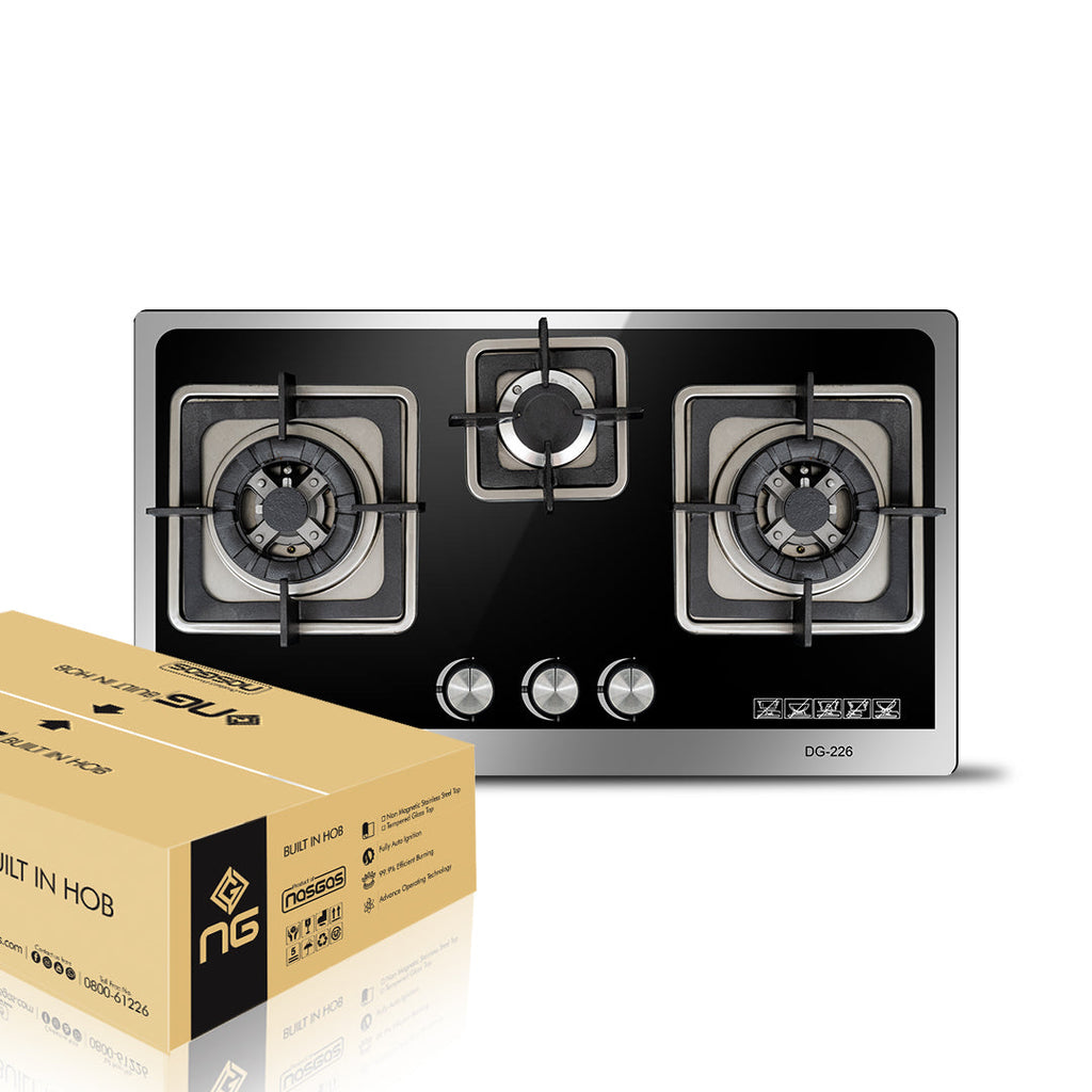 NasGas DG-226 Built-in Hob – 3 Burner Tempered Glass Gas Stove with Laser Cut Supports