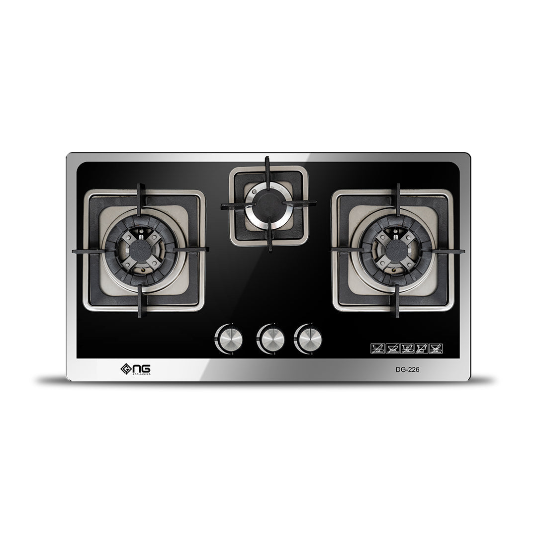 NasGas DG-226 Built-in Hob – 3 Burner Tempered Glass Gas Stove with Laser Cut Supports