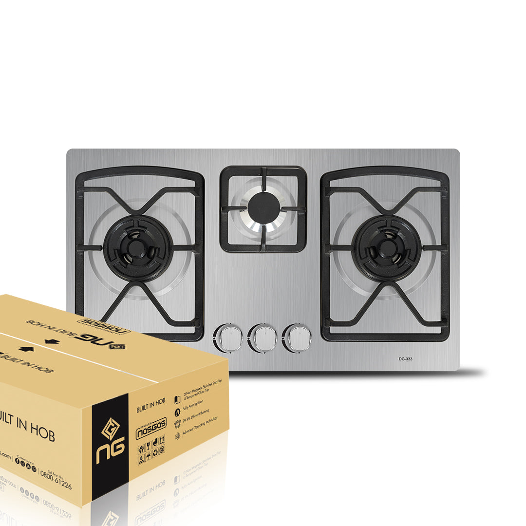 NasGas DG-333 Built-in Hob – 3 Burner Non-Magnetic Stainless Steel Gas Stove
