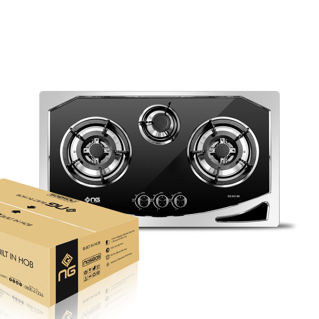 NasGas DG-931 BK Built-in Hob – 3 Burner Black Glass Gas Stove with Chrome Accents
