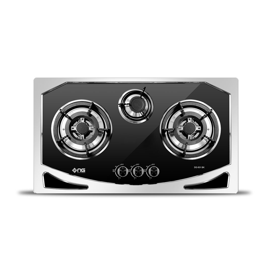 NasGas DG-931 BK Built-in Hob – 3 Burner Black Glass Gas Stove with Chrome Accents