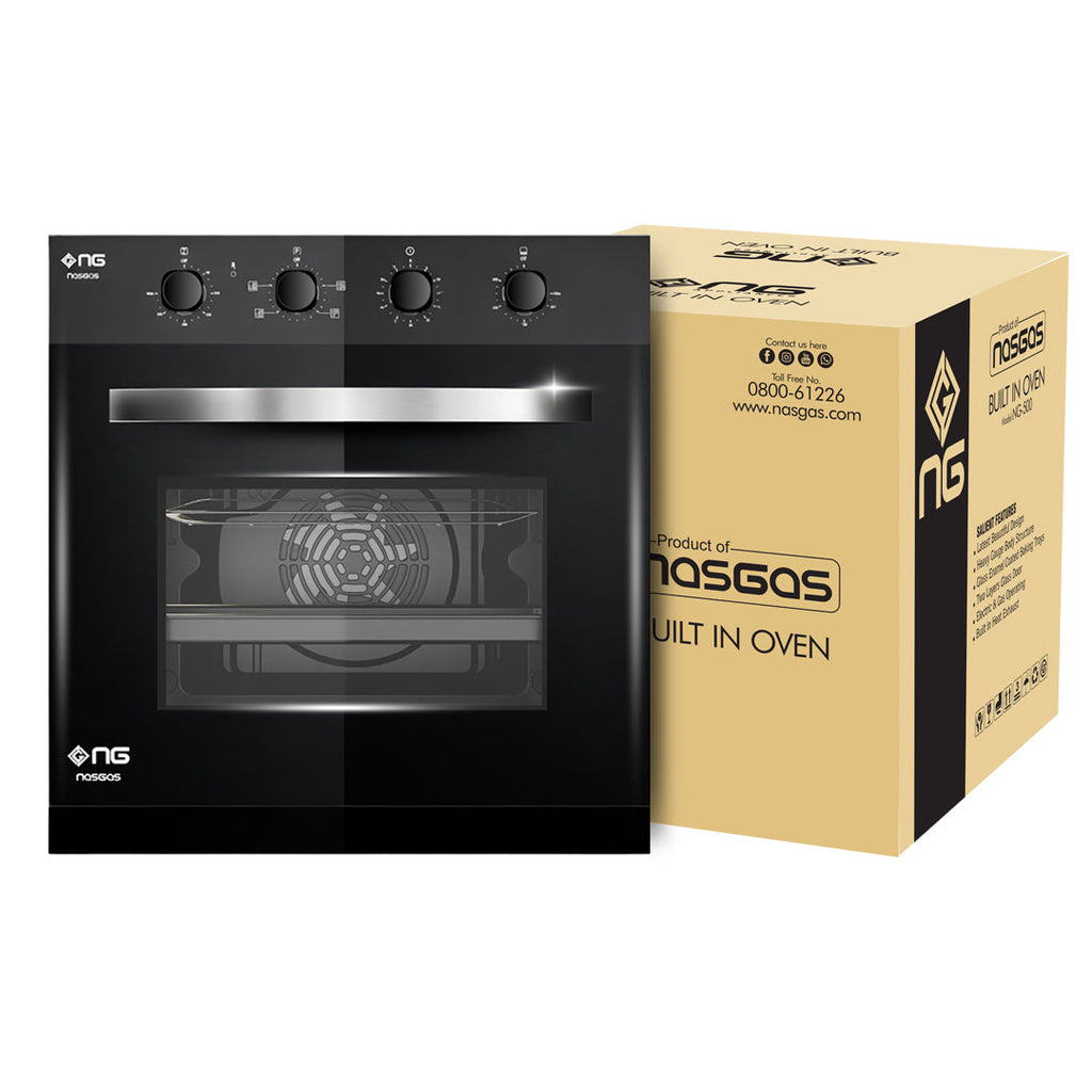 NasGas NG-550 Black Glass Built-in Oven: 56L Hybrid with Electric Blower Exhaust