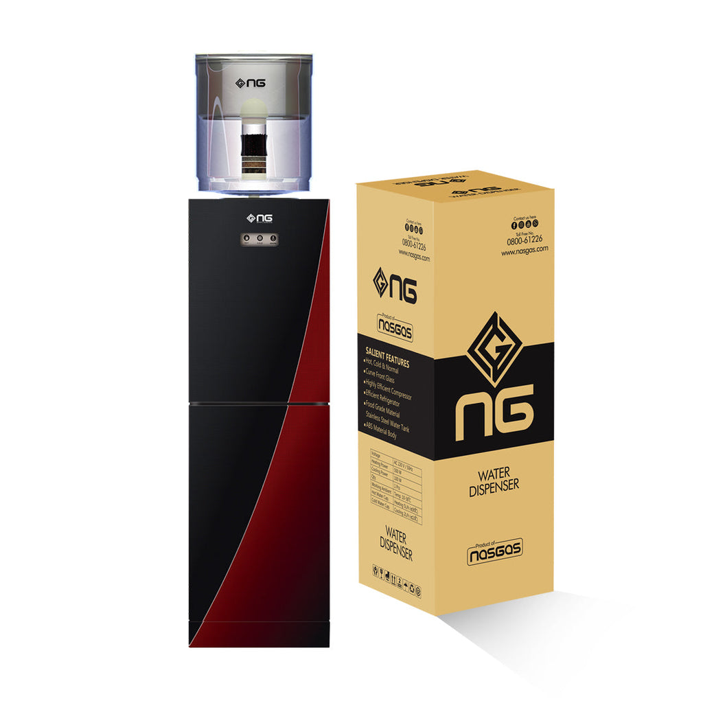 NasGas NWD-190 Water Dispenser – 2 Tap Glass Door (Black & Maroon)