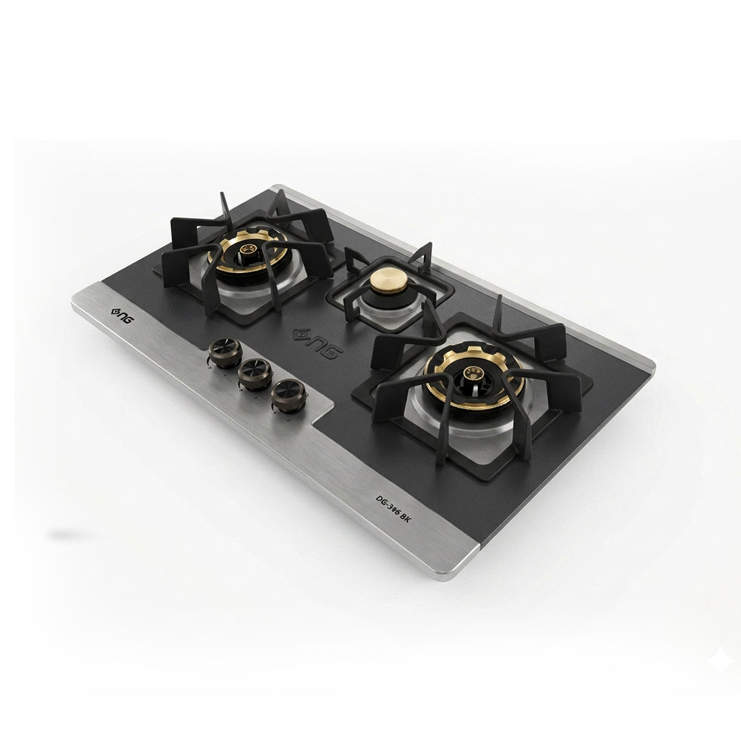 NasGas DG-346 BK Built-in Hob – 3 Burner Black & Steel Design with 5.5Kw Burners