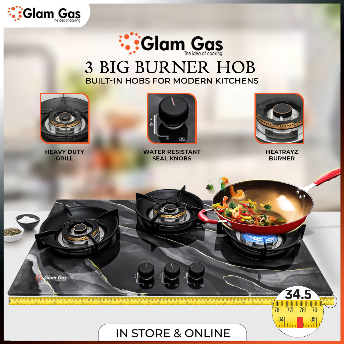 Glam Gas GG-07A Digital 3 Burner Built-in Hob – 8mm Tempered Glass