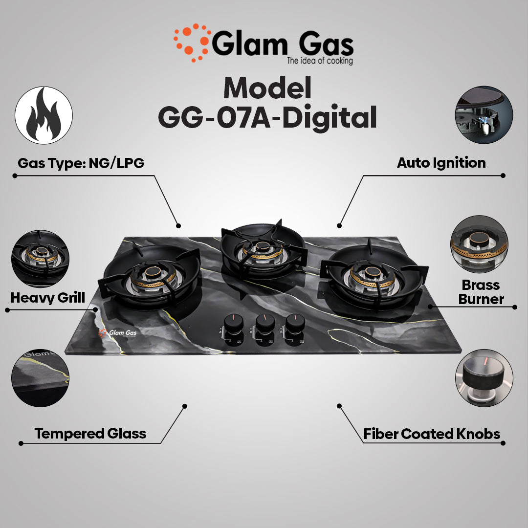 Glam Gas GG-07A Digital 3 Burner Built-in Hob – 8mm Tempered Glass