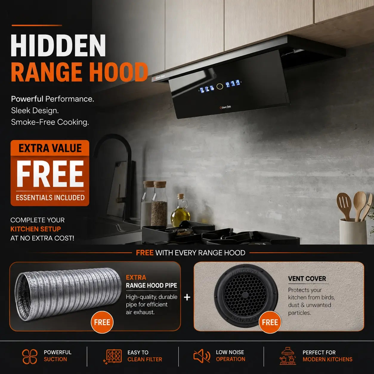 Glam Gas Hidden Built-in Range Hood – Auto Clean, Hand Sensor & Touch Panel