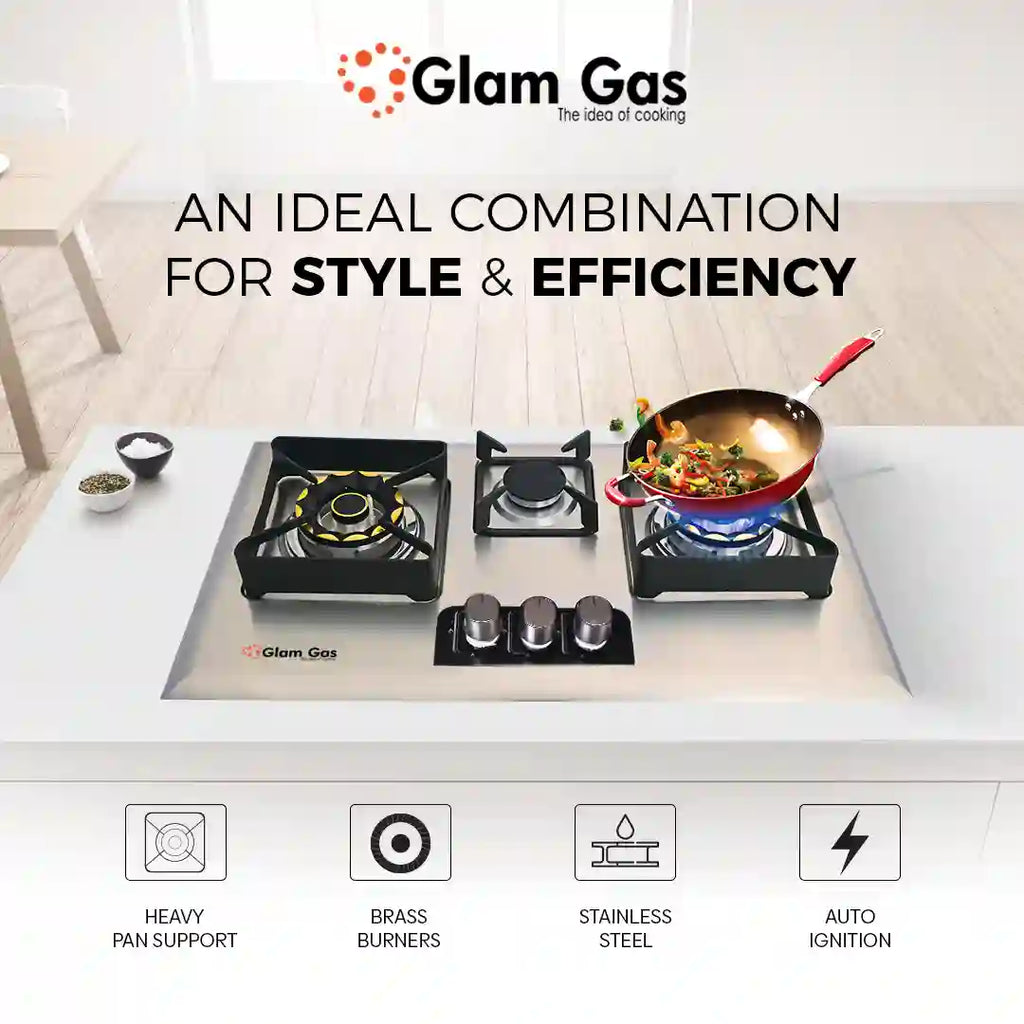 Glam Gas 3 Burner Built-in Hob – D-Cut, Blue Berry & Black Berry Tempered Glass